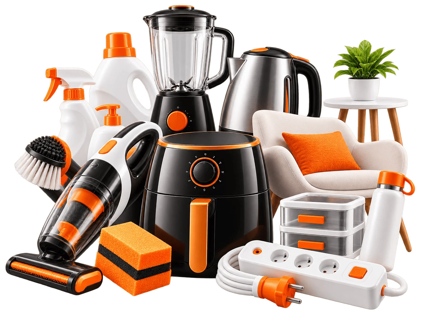 Ofertas para casa e cozinha: air fryer, liquidificador, chaleira elétrica, aspirador portátil, produtos de limpeza, organizadores e filtro de linha